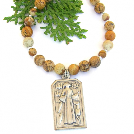 st francis handmade necklace dog wolf sun sunflower birds fish butterfly