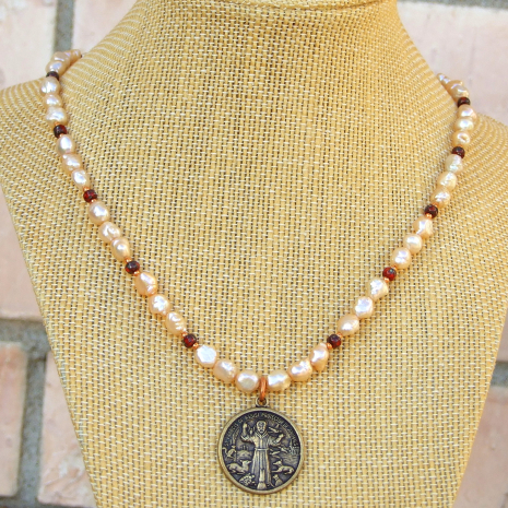 st francis necklace pearls handmade religious jewelry gift for women