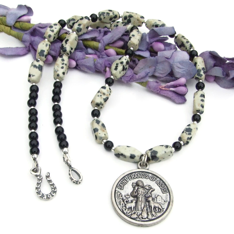 st francis protect my pet necklace handmade dalmation jasper animals dog cat