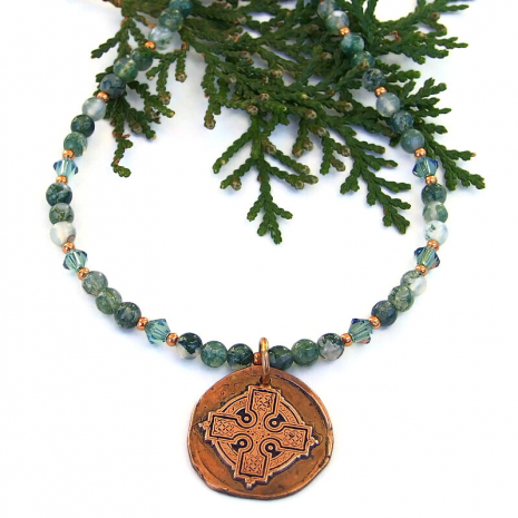 st patricks day celtic cross necklace green moss agate swarovski crystals