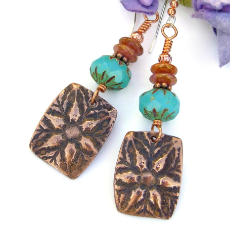 star flower floral earrings copper handmade aqua opal rose pink jewelry