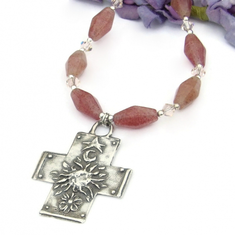 star moon sun flower handmade cross jewelry ruby quartz swarovski crystals