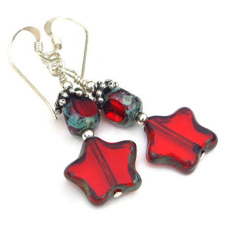 stars star red czech glass earrings handmade gift for her