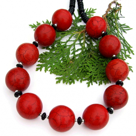statement necklace red magnesite black onyx sterling silver