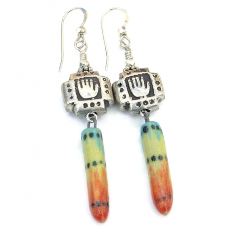 sterling abhaya mudra fearless hand earrings colorful handmade gift for her