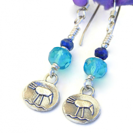 sterling primitive bird earrings handmade aqua blue lapis lazuli