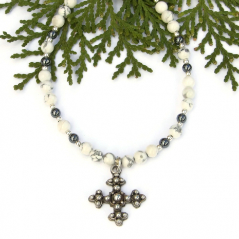 sterling silver bottony cross handmade necklace howlite hematite