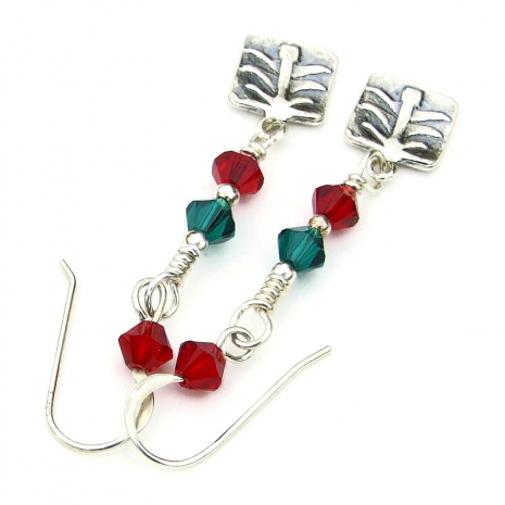 sterling silver christmas tree earrings red green swarovski crystals