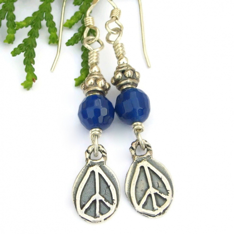 sterling silver peace paz charm earrings handmade blue quartz