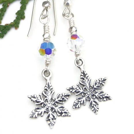 sterling silver snowflake earrings handmade Christmas holiday winter jewelry