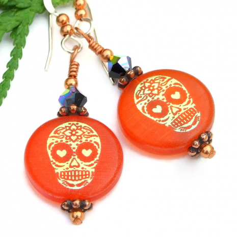 sugar skull day of the dead handmade earrings laser etched halloween orange gold