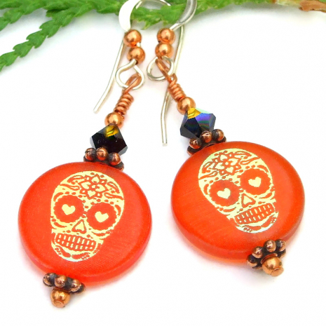 sugar skull day of the dead handmade jewelry laser etched halloween orange gold