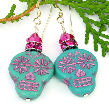 sugar skull earrings halloween day of the dead turquoise pink