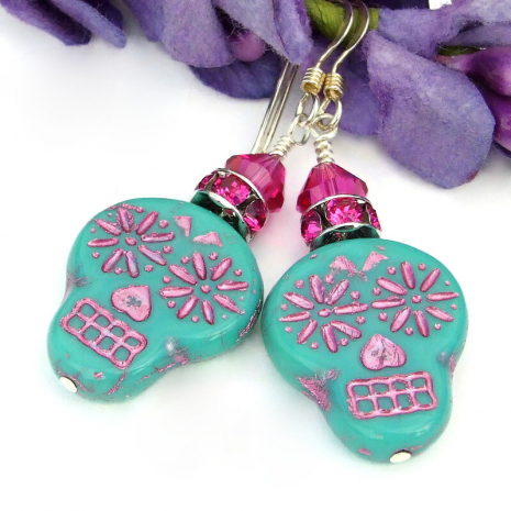 sugar skull jewelry halloween day of the dead turquoise pink