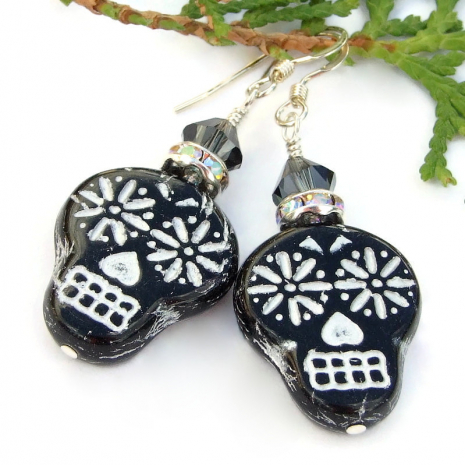 sugar skulls handmade earrings black silver halloween day of the dead