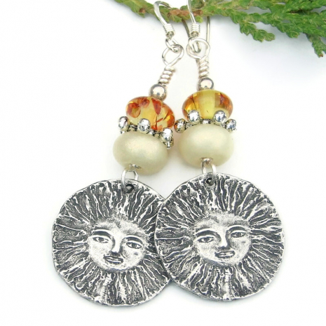 sun face handmade summer earrings yellow lampwork amber