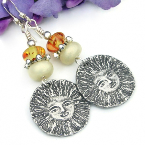 sun face handmade summer jewelry yellow lampwork amber