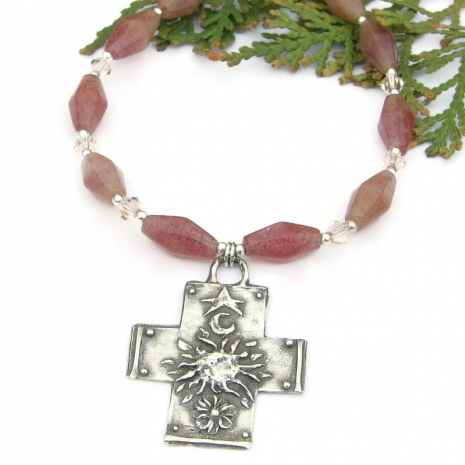 sun star moon flower heaven earth cross necklace handmade ruby quartz crystals