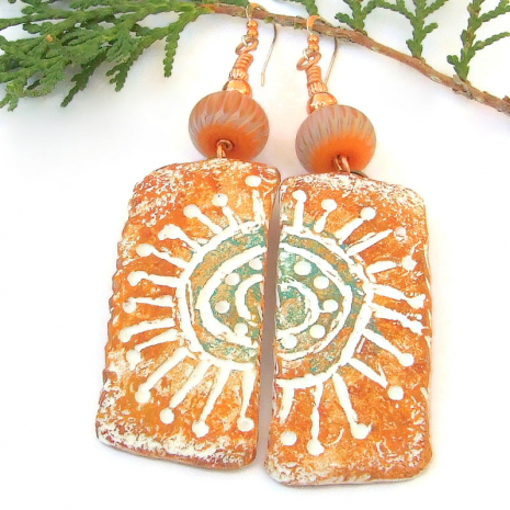 sun symbol petroglyph earrings polymer clay lampwork beads handmade