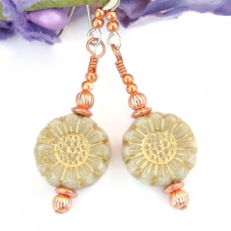 sunflower flower earrings handmade ivory gold copper jewelry gift