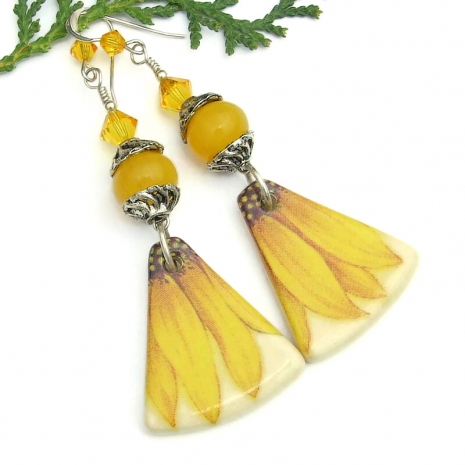 sunflower handmade earrings summer jewelry yellow amber Swarovski crystals