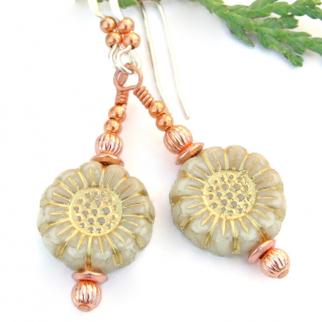 sunflower lover earrings flowers handmade floral ivory gold copper gift