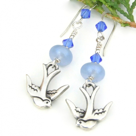 swallows birds earrings silver blue lampwork Swarovski crystals