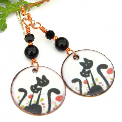 sweet halloween black cats flowers earrings black onyx handmade