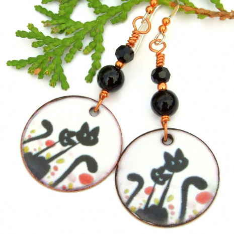 halloween enamel black cats earrings handmade