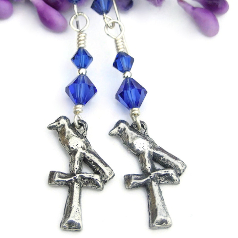 symbolic birds crosses earrings handmade blue swarovski crystals pewter