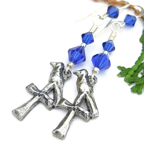 symbolic birds crosses jewelry handmade blue swarovski crystals pewter