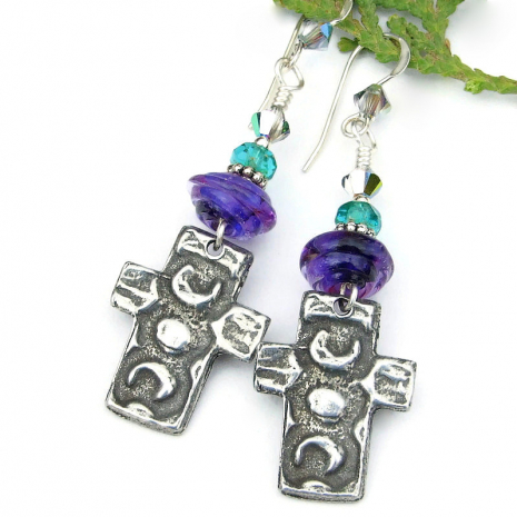 symbolic crosses moons Virgin Mary earrings handmade religious gift