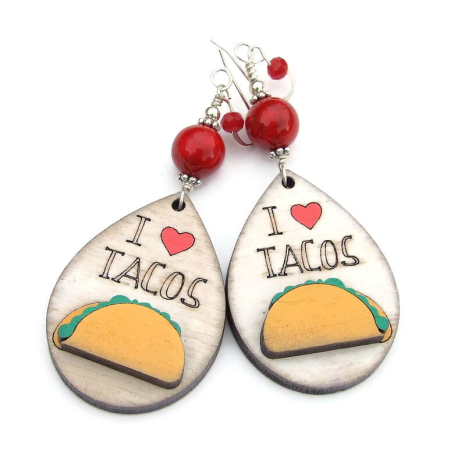 tacos hearts earrings handmade wooden gift for women