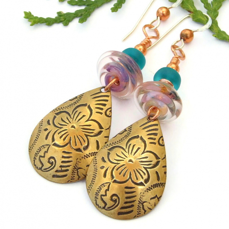 teardrop flower earrings antique brass pink teal purple lampwork