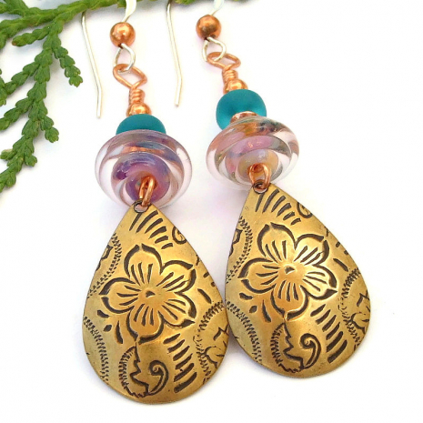 teardrop flower jewelry antique brass pink teal purple lampwork
