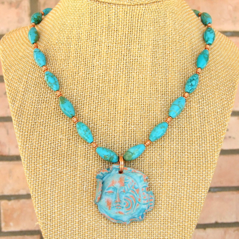 terracotta peaceful face pendant necklace handmade gift for her