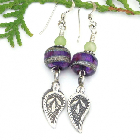 Thai Hill Tribe fine silver leaf charm earrings handmade purple lampwork green