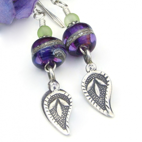 Thai Hill Tribe fine silver leaf earrings purple lampwork green handmade jewelry