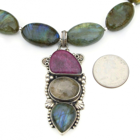 three gemstone pendant jewelry handmade sterling labradorite ruby quartz