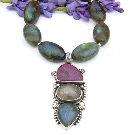 three gemstone pendant necklace handmade Southwest labradorite ruby quartz