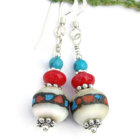tibetan bone bead inlaid jewelry handmade turquoise coral