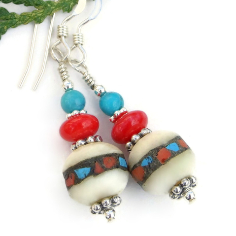 tibetan inlaid bone turquoise coral earrings handmade ivory red blue black