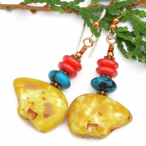 totem bear handmade earrings turquoise coral glass handmade