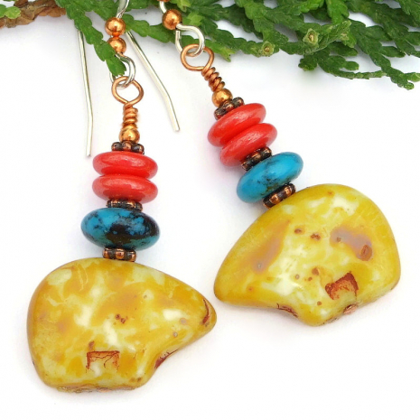 totem bear jewelry turquoise coral glass handmade