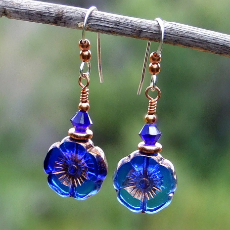 translucent flower jewelry cobalt blue indigo copper