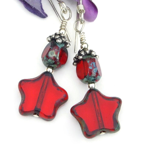 translucent red stars handmade jewelry czech glass sterling silver