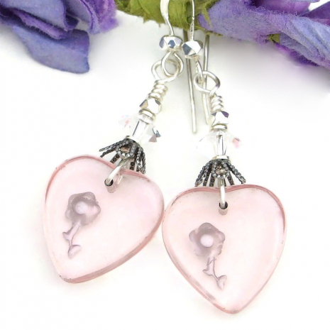 transparent vintage intaglio heart rose earrings handmade valentines gift