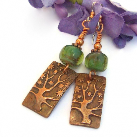 tree of life earrings copper green lampwork handmade