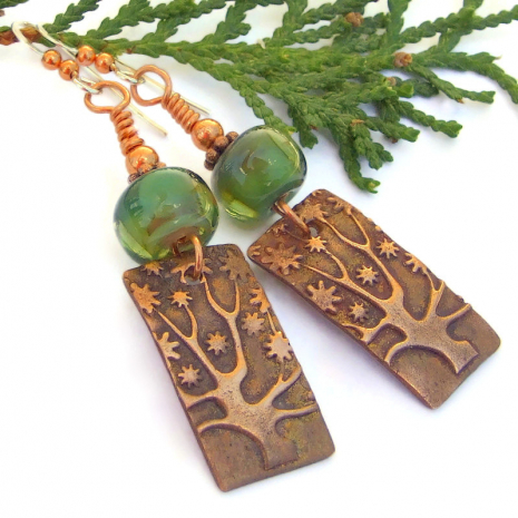 tree of life flowers copper earrings green lampwork handmade jewelry