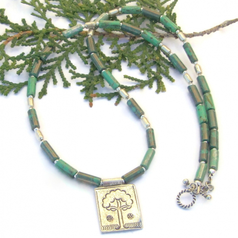 tree of life flowers necklace Thai fine silver green czech glass